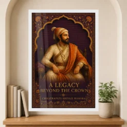 Shivaji Maharaj Legacy Beyond the Crown Photo Frame showing an illuminated-manuscript royal portrait with the message A Legacy Beyond the Crown – Premium Reading Niche View