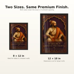 Shivaji Maharaj Legacy Beyond the Crown Photo Frame showing an illuminated-manuscript royal portrait with the message A Legacy Beyond the Crown – 8×12 and 12×18 Inch Size Guide