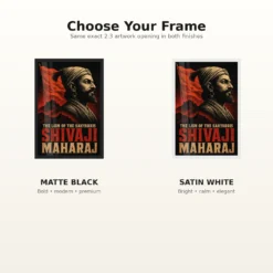 Shivaji Maharaj Lion of the Sahyadris Photo Frame showing a dramatic black-and-red screen-print portrait with Sahyadri fort silhouettes – Black and White Frame Options