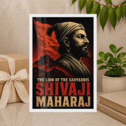 Shivaji Maharaj Lion of the Sahyadris Photo Frame showing a dramatic black-and-red screen-print portrait with Sahyadri fort silhouettes – Premium Gift Display View