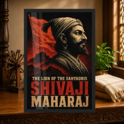 Shivaji Maharaj Lion of the Sahyadris Photo Frame showing a dramatic black-and-red screen-print portrait with Sahyadri fort silhouettes – Heritage Study Lifestyle View