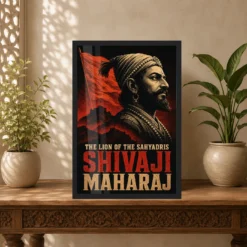Shivaji Maharaj Lion of the Sahyadris Photo Frame showing a dramatic black-and-red screen-print portrait with Sahyadri fort silhouettes – Indian Carved Console View