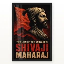 Shivaji Maharaj Lion of the Sahyadris Photo Frame showing a dramatic black-and-red screen-print portrait with Sahyadri fort silhouettes – Black Frame Main View