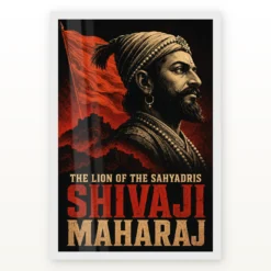 Shivaji Maharaj Lion of the Sahyadris Photo Frame showing a dramatic black-and-red screen-print portrait with Sahyadri fort silhouettes – White Frame Main View