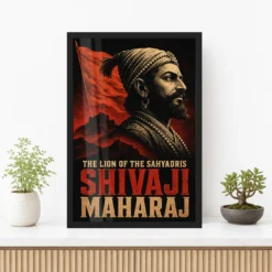 Shivaji Maharaj Lion of the Sahyadris Photo Frame showing a dramatic black-and-red screen-print portrait with Sahyadri fort silhouettes – Premium Console Lifestyle View