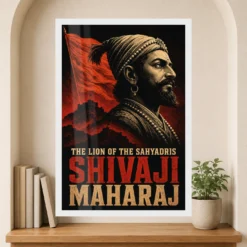 Shivaji Maharaj Lion of the Sahyadris Photo Frame showing a dramatic black-and-red screen-print portrait with Sahyadri fort silhouettes – Premium Reading Niche View