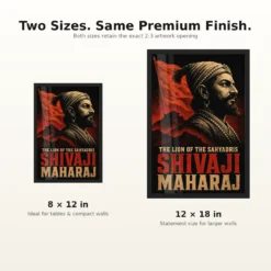 Shivaji Maharaj Lion of the Sahyadris Photo Frame showing a dramatic black-and-red screen-print portrait with Sahyadri fort silhouettes – 8×12 and 12×18 Inch Size Guide