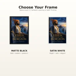 Shivaji Maharaj Vision Beyond the Horizon Photo Frame showing a blue-hour Konkan coast portrait with Sindhudurg and Maratha sailing vessels – Black and White Frame Options