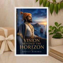 Shivaji Maharaj Vision Beyond the Horizon Photo Frame showing a blue-hour Konkan coast portrait with Sindhudurg and Maratha sailing vessels – Premium Gift Display View