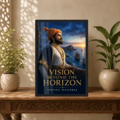 Shivaji Maharaj Vision Beyond the Horizon Photo Frame showing a blue-hour Konkan coast portrait with Sindhudurg and Maratha sailing vessels – Indian Carved Console View