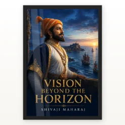 Shivaji Maharaj Vision Beyond the Horizon Photo Frame showing a blue-hour Konkan coast portrait with Sindhudurg and Maratha sailing vessels – Black Frame Main View