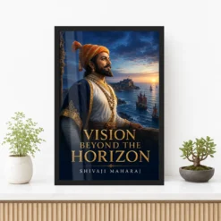 Shivaji Maharaj Vision Beyond the Horizon Photo Frame showing a blue-hour Konkan coast portrait with Sindhudurg and Maratha sailing vessels – Premium Console Lifestyle View