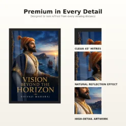 Shivaji Maharaj Vision Beyond the Horizon Photo Frame showing a blue-hour Konkan coast portrait with Sindhudurg and Maratha sailing vessels – Frame and Print Detail View