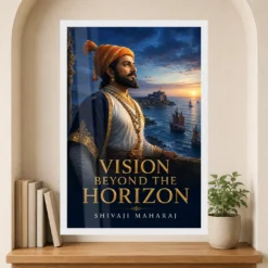 Shivaji Maharaj Vision Beyond the Horizon Photo Frame showing a blue-hour Konkan coast portrait with Sindhudurg and Maratha sailing vessels – Premium Reading Niche View