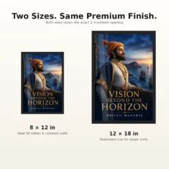 Shivaji Maharaj Vision Beyond the Horizon Photo Frame showing a blue-hour Konkan coast portrait with Sindhudurg and Maratha sailing vessels – 8×12 and 12×18 Inch Size Guide