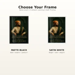 Shivaji Maharaj Strategy and Justice Premium Photo Frame showing an emerald court portrait with the message Strategy Wins Battles, Justice Builds Kingdoms – Black and White Frame Options