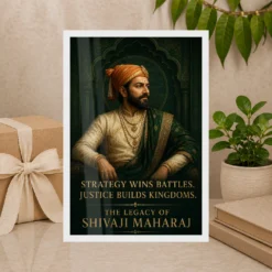 Shivaji Maharaj Strategy and Justice Premium Photo Frame showing an emerald court portrait with the message Strategy Wins Battles, Justice Builds Kingdoms – Premium Gift Display View