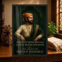 Shivaji Maharaj Strategy and Justice Premium Photo Frame showing an emerald court portrait with the message Strategy Wins Battles, Justice Builds Kingdoms – Heritage Study Lifestyle View