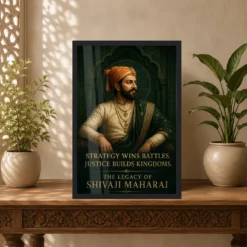 Shivaji Maharaj Strategy and Justice Premium Photo Frame showing an emerald court portrait with the message Strategy Wins Battles, Justice Builds Kingdoms – Indian Carved Console View