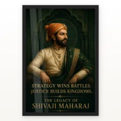 Shivaji Maharaj Strategy and Justice Premium Photo Frame showing an emerald court portrait with the message Strategy Wins Battles, Justice Builds Kingdoms – Black Frame Main View