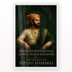 Shivaji Maharaj Strategy and Justice Premium Photo Frame showing an emerald court portrait with the message Strategy Wins Battles, Justice Builds Kingdoms – White Frame Main View