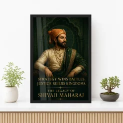 Shivaji Maharaj Strategy and Justice Premium Photo Frame showing an emerald court portrait with the message Strategy Wins Battles, Justice Builds Kingdoms – Premium Console Lifestyle View
