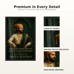 Shivaji Maharaj Strategy and Justice Premium Photo Frame showing an emerald court portrait with the message Strategy Wins Battles, Justice Builds Kingdoms – Frame and Print Detail View
