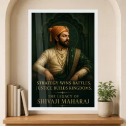 Shivaji Maharaj Strategy and Justice Premium Photo Frame showing an emerald court portrait with the message Strategy Wins Battles, Justice Builds Kingdoms – Premium Reading Niche View