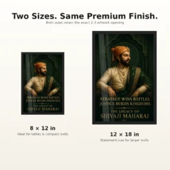 Shivaji Maharaj Strategy and Justice Premium Photo Frame showing an emerald court portrait with the message Strategy Wins Battles, Justice Builds Kingdoms – 8×12 and 12×18 Inch Size Guide