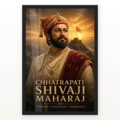 Shivaji Maharaj Vision Courage Swarajya Premium Photo Frame showing a cinematic sunrise portrait above a Sahyadri fort with the message Vision, Courage and Swarajya – Black Frame Main View