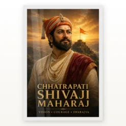 Shivaji Maharaj Vision Courage Swarajya Premium Photo Frame showing a cinematic sunrise portrait above a Sahyadri fort with the message Vision, Courage and Swarajya – White Frame Main View