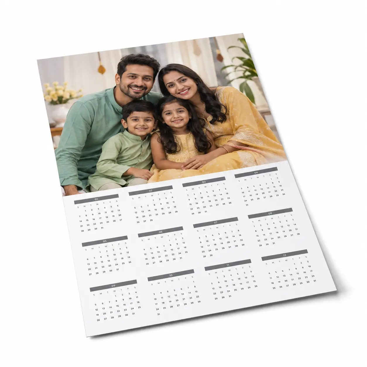 Personalised Single-Sheet Photo Calendar – A4 & A3 1 Personalised single-sheet annual photo calendar on white