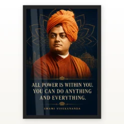 Swami Vivekananda All Power Is Within You Photo Frame showing a navy-and-gold Chicago editorial portrait with the All Power Is Within You quote – Black Frame Main View