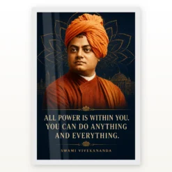 Swami Vivekananda All Power Is Within You Photo Frame showing a navy-and-gold Chicago editorial portrait with the All Power Is Within You quote – White Frame Main View