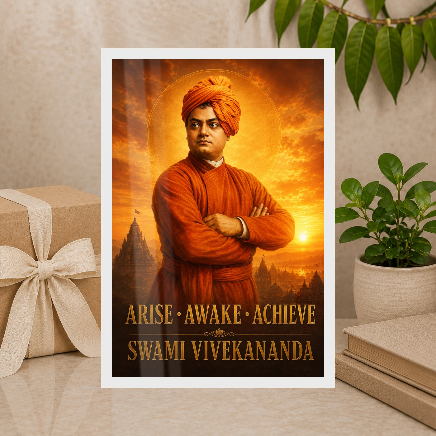 Swami Vivekananda Arise Awake Achieve Premium Photo Frame 10 Swami Vivekananda Arise Awake Achieve Premium Photo Frame showing a cinematic saffron sunrise portrait with the message Arise, Awake, Achieve – Premium Gift Display View
