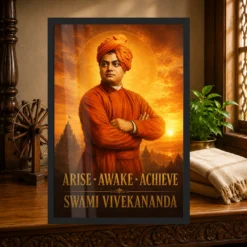 Swami Vivekananda Arise Awake Achieve Premium Photo Frame 13 Swami Vivekananda Arise Awake Achieve Premium Photo Frame showing a cinematic saffron sunrise portrait with the message Arise, Awake, Achieve – Heritage Study Lifestyle View