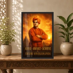 Swami Vivekananda Arise Awake Achieve Premium Photo Frame 14 Swami Vivekananda Arise Awake Achieve Premium Photo Frame showing a cinematic saffron sunrise portrait with the message Arise, Awake, Achieve – Indian Carved Console View