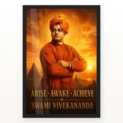 Swami Vivekananda Arise Awake Achieve Premium Photo Frame showing a cinematic saffron sunrise portrait with the message Arise, Awake, Achieve – Black Frame Main View
