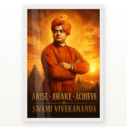 Swami Vivekananda Arise Awake Achieve Premium Photo Frame showing a cinematic saffron sunrise portrait with the message Arise, Awake, Achieve – White Frame Main View