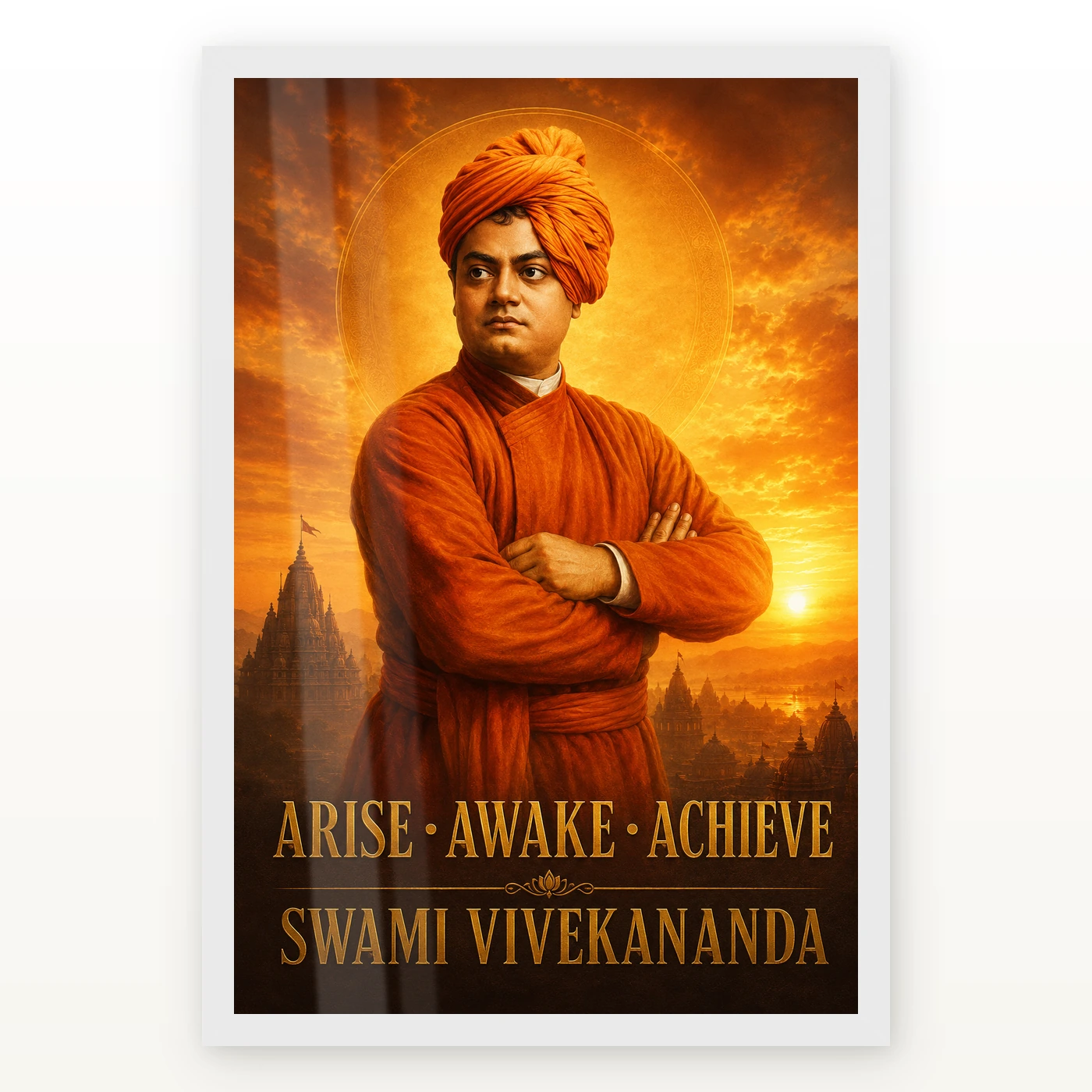 Swami Vivekananda Arise Awake Achieve Premium Photo Frame 2 Swami Vivekananda Arise Awake Achieve Premium Photo Frame showing a cinematic saffron sunrise portrait with the message Arise, Awake, Achieve – White Frame Main View