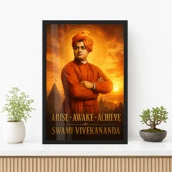 Swami Vivekananda Arise Awake Achieve Premium Photo Frame 12 Swami Vivekananda Arise Awake Achieve Premium Photo Frame showing a cinematic saffron sunrise portrait with the message Arise, Awake, Achieve – Premium Console Lifestyle View