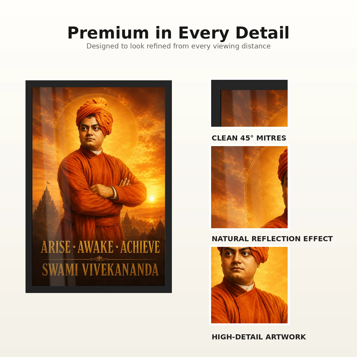 Swami Vivekananda Arise Awake Achieve Premium Photo Frame 9 Swami Vivekananda Arise Awake Achieve Premium Photo Frame showing a cinematic saffron sunrise portrait with the message Arise, Awake, Achieve – Frame and Print Detail View