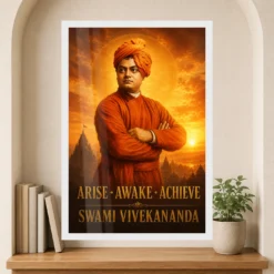Swami Vivekananda Arise Awake Achieve Premium Photo Frame 15 Swami Vivekananda Arise Awake Achieve Premium Photo Frame showing a cinematic saffron sunrise portrait with the message Arise, Awake, Achieve – Premium Reading Niche View