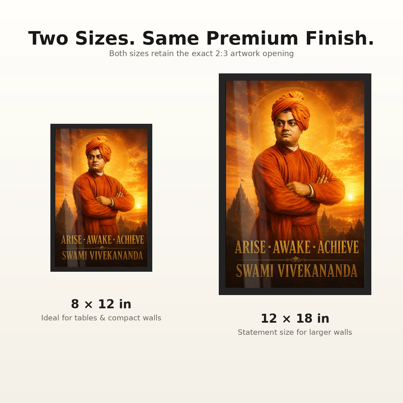 Swami Vivekananda Arise Awake Achieve Premium Photo Frame 8 Swami Vivekananda Arise Awake Achieve Premium Photo Frame showing a cinematic saffron sunrise portrait with the message Arise, Awake, Achieve – 8×12 and 12×18 Inch Size Guide