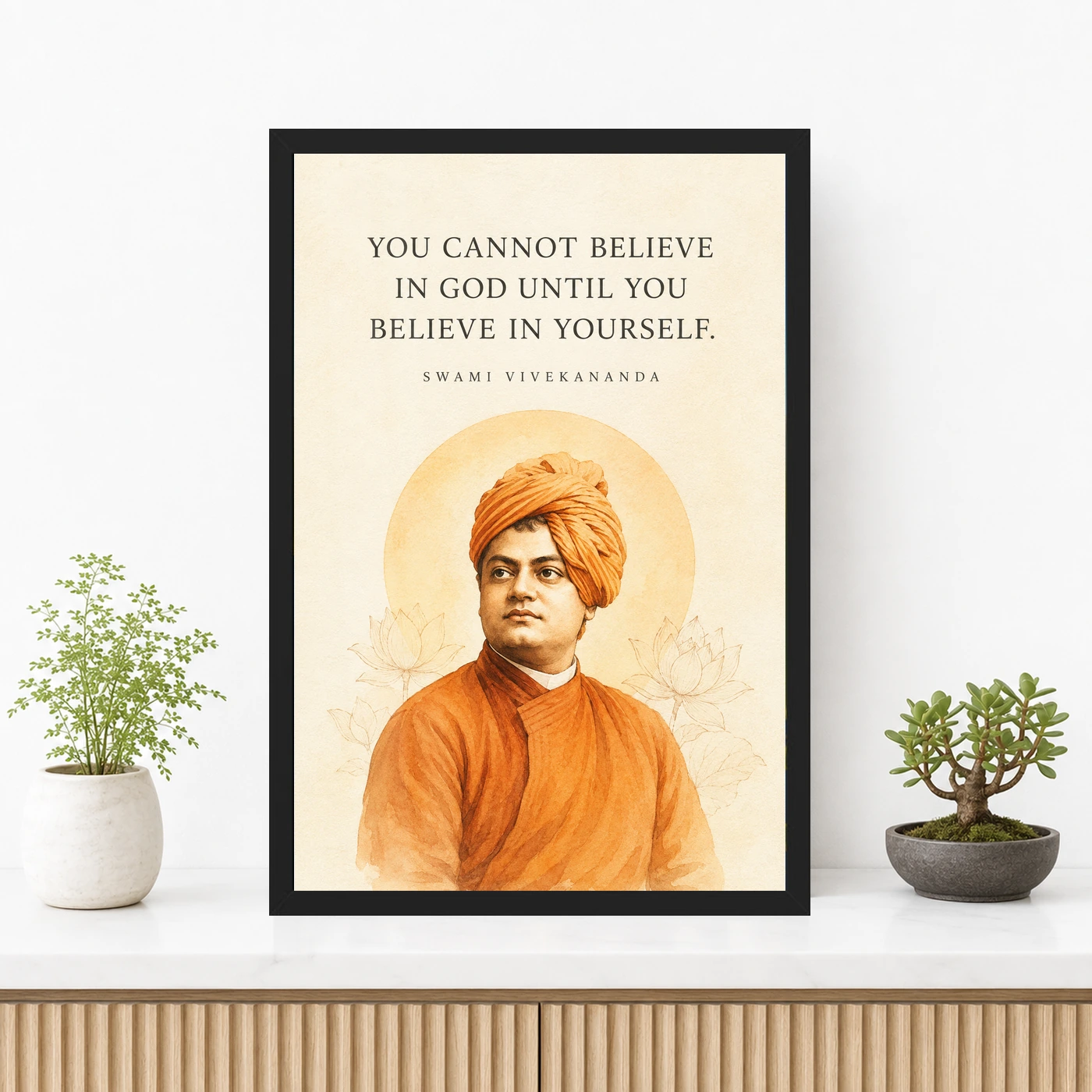 Swami Vivekananda Believe in Yourself Photo Frame 3 Swami Vivekananda Believe in Yourself Photo Frame showing a refined ivory watercolor portrait with the Believe in Yourself quote – Premium Console Lifestyle View