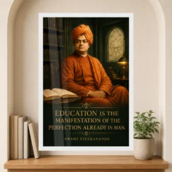 Swami Vivekananda Education Is Manifestation Photo Frame showing a forest-green heritage library portrait with the Education Is Manifestation quote – Premium Reading Niche View
