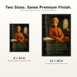 Swami Vivekananda Education Is Manifestation Photo Frame showing a forest-green heritage library portrait with the Education Is Manifestation quote – 8×12 and 12×18 Inch Size Guide