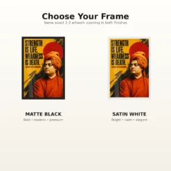 Swami Vivekananda Strength Is Life Quote Photo Frame showing a bold mustard-and-black screen poster with the Strength Is Life quote – Black and White Frame Options