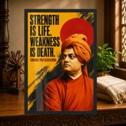 Swami Vivekananda Strength Is Life Quote Photo Frame showing a bold mustard-and-black screen poster with the Strength Is Life quote – Heritage Study Lifestyle View