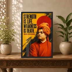 Swami Vivekananda Strength Is Life Quote Photo Frame showing a bold mustard-and-black screen poster with the Strength Is Life quote – Indian Carved Console View